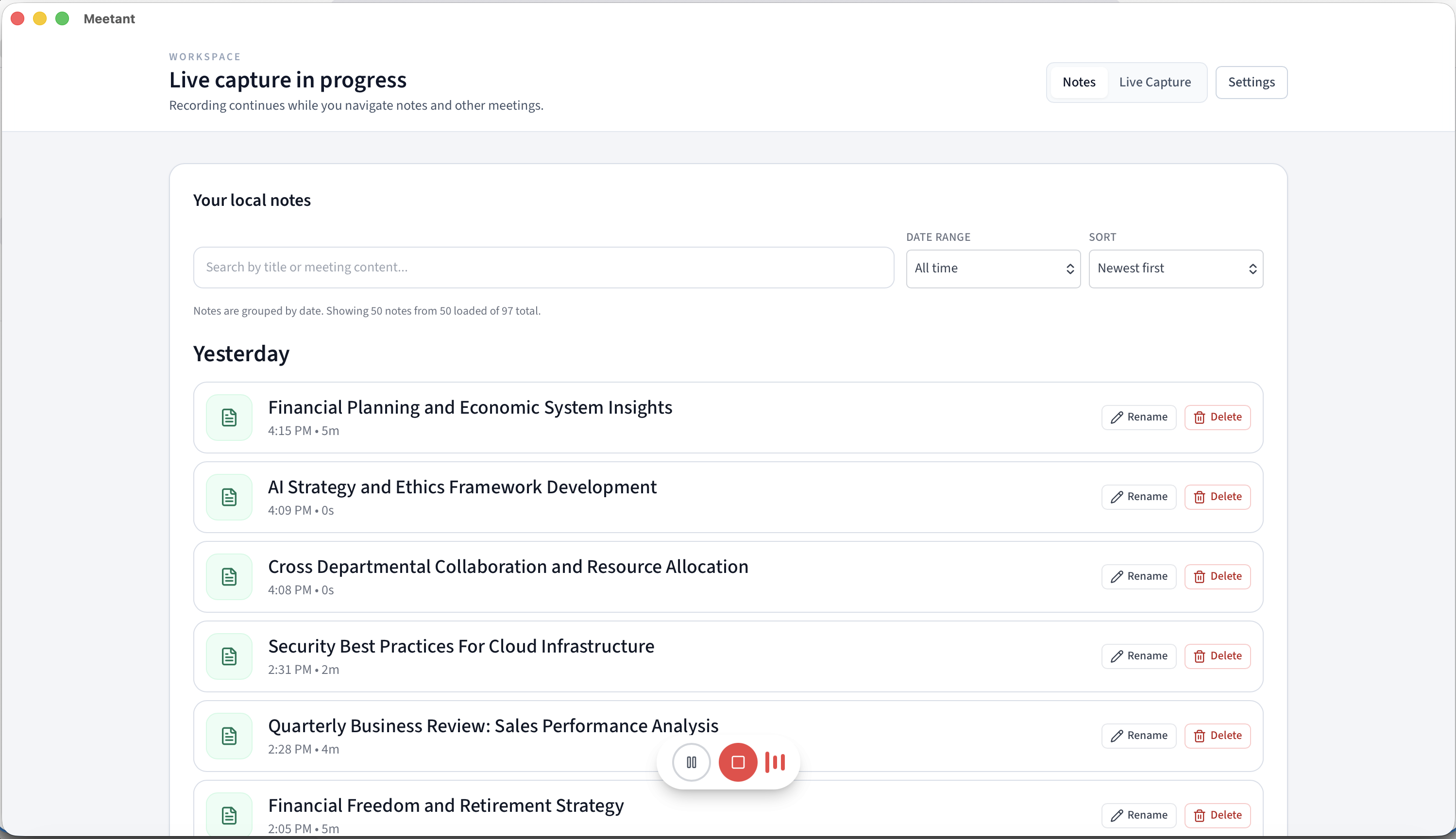 Meetant notes workspace