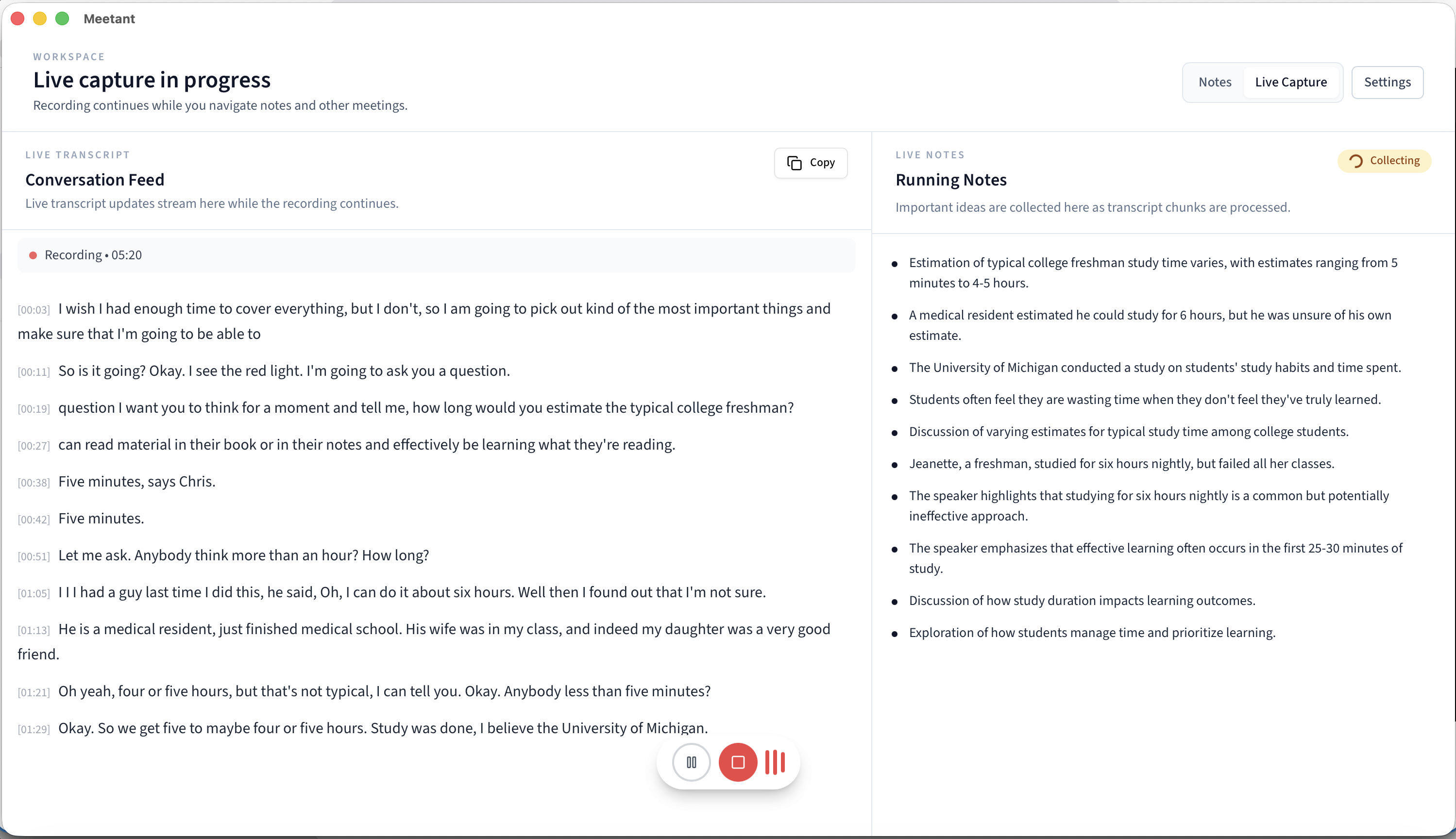 Meetant live capture interface
